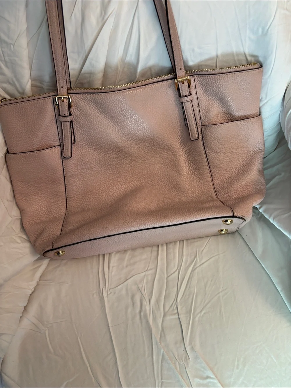 Michael Kors Light Blush Pebbled Leather Tote with Gold Logo Charm